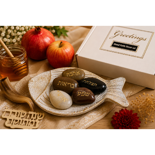 מארז חלוקי ברכה עם מגש עץ בצורת דג לראש השנה